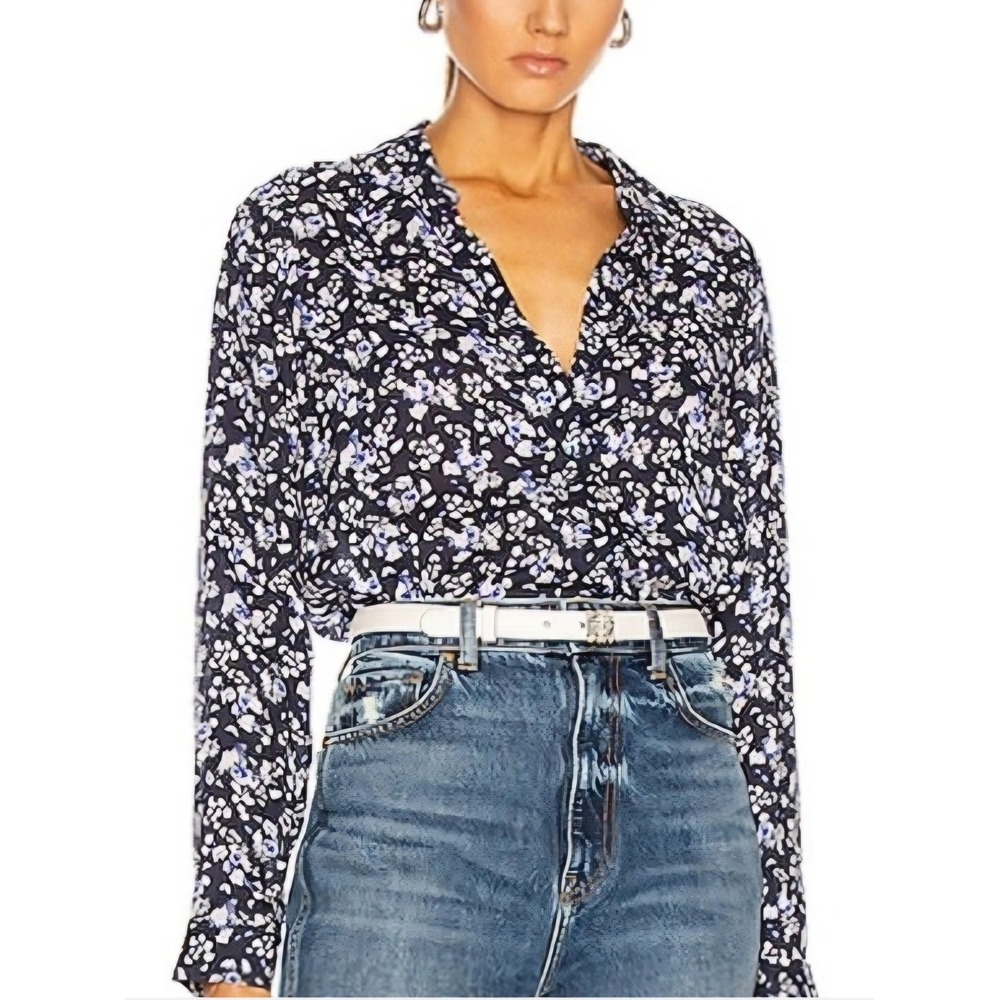L'AGENCE Dark Navy Blue Floral Long Sleeves Button Down Shirt Blouse Medium